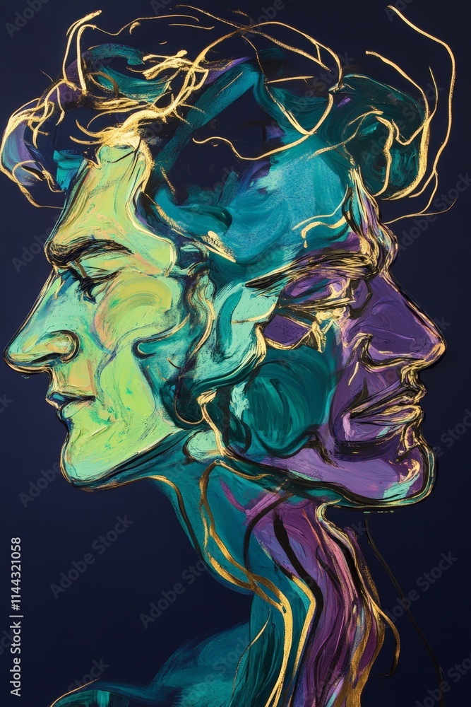 Poster abstract portrait of two faces in vibrant colors - artistic representation of duality and emotion in