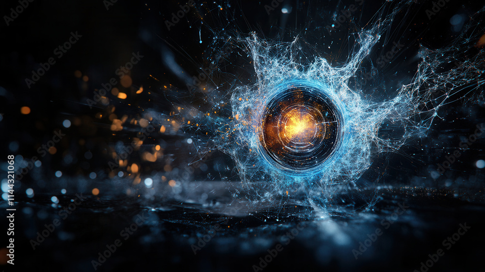 Poster futuristic abstract design featuring glowing sphere with energy bursts, creating dynamic visual effe