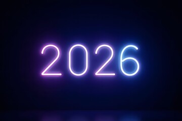 Vibrant Purple and Blue Neon 2026 Sign Against Dark Background with Copy Space