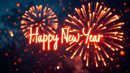 Happy New Year: Celebrating the New Year party, there are colorful fireworks in the evening, there are "happy New Year" words. Welcome the joy and excitement of the New Year in style.