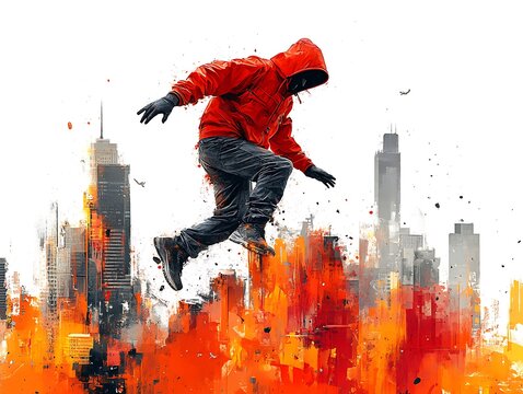 Captivating parkour design, traceur leaping between urban obstacles with agility and style, black background ::2 acrobatic moves, fluid transitions, dynamic poses, urban energy, white background, 