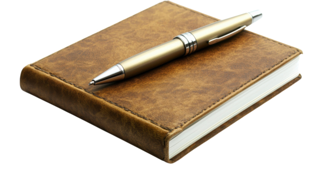 A sleek metallic pen elegantly resting beside a closed notebook, perfect for creative writing or professional note-taking sessions..