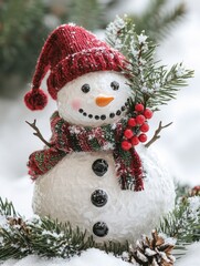 Festive Snowman Decorated with Red Hat and Scarf Surrounded by Pine Branches and Berries in a Winter Wonderland Setting