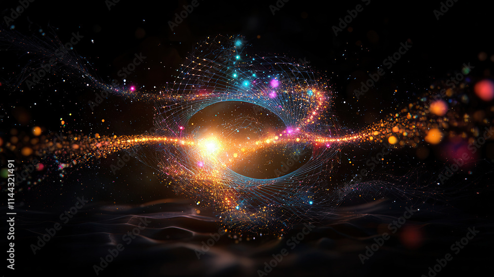 Poster mesmerizing cosmic swirl of glowing particles and light, creating vibrant and dynamic scene