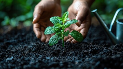 A pair of hands gently caring for a young plant in rich soil. The image captures the essence of nurturing and connection with nature.