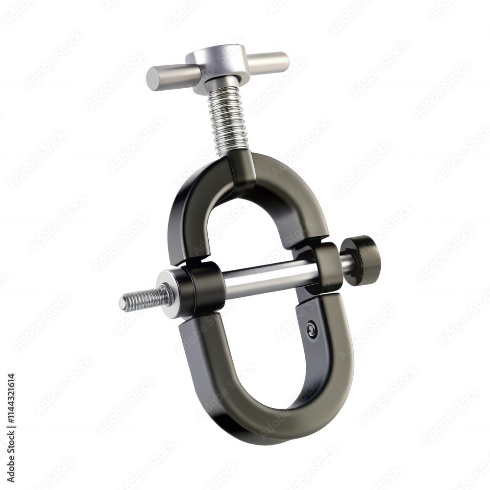 Poster a detailed 3d render of a clamp tool showcasing its metallic structure and screws. ideal for constru