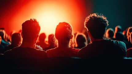 A cozy setting of a packed indoor cinema, where a diverse group of people sit closely together enjoying a movie illuminated by soft, warm light.