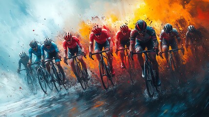 Dramatic cycling scene, cyclists racing through a mountainous terrain, white background ::2 uphill challenge, downhill thrill, scenic beauty, cycling jerseys, black background, vector graphic, 