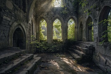 Fototapeta premium Sunlight shining through arched windows of an abandoned church building taken over by nature