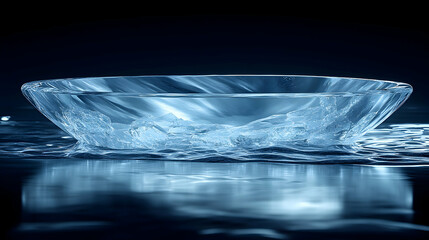 Obraz premium Close-up of a contact lens resting on a dark, reflective surface, showing its curved shape and texture.