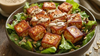Fototapeta premium A large bowl of salad topped with crispy air fryer tofu cubes, drizzled with tahini dressing and sprinkled with seeds