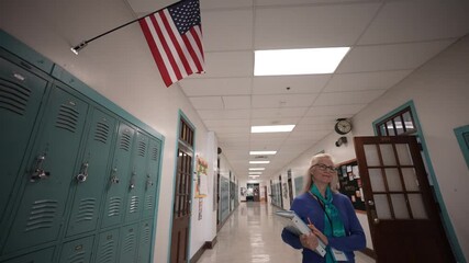 A middle-aged woman with glasses holds papers while standing in a school hallway. Metal lockers line the walls, and an American flag hangs above.