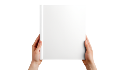 Hand holding blank book & hard cover mockup Isolated on transparent background, clippig path