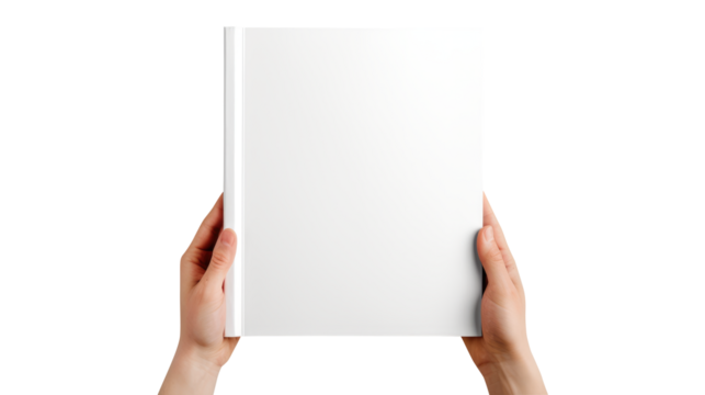 Hand holding blank book & hard cover mockup Isolated on transparent background, clippig path