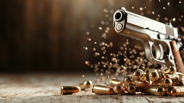 A captivating image depicting a moving handgun with dynamically scattered bullets, capturing the essence of speed and precision in an artistic setting.