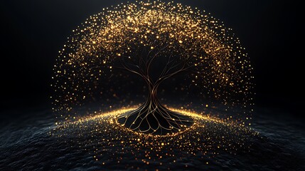 Geometric elements intertwining to form an abstract tree of life, black background, symbolic growth, natural geometry, vector graphic, simple animated design, geometric 