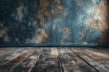 Dark moody interior with rustic wooden floor and aged textured wall. Perfect backdrop for product photography or design projects.