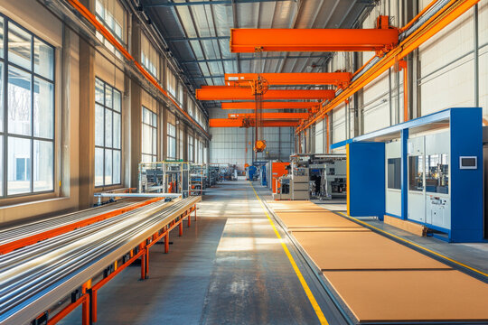 Contemporary sandwich panel production line with thermal insulation. In the workshop are machine tools, an overhead crane, and a roller conveyor. 