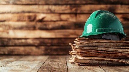 A green construction helmet is placed on top of a neatly arranged stack of newspapers, creating a juxtaposition of industry and information within an indoor wooden setting.
