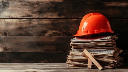 A vibrant red hard hat rests on a tall stack of newspapers, set against a background of rustic wooden planks, symbolizing safety, industry, and information exchange.