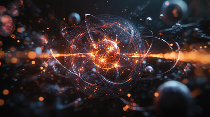 Glowing atom with swirling energy and particles, representing science and technology