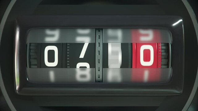 Dynamic opening countdown sequence with spinning mechanical counter from 10 to 0 Industrial style number display. Retro mechanical spinning counter with dramatic slow zoom. Ultra HD 4K animation