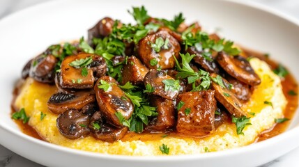 Fototapeta premium Savory Polenta Dish Topped with Mushrooms and Fresh Herbs on White Plate