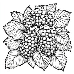Line art drawing of three blackberries with leaves.
