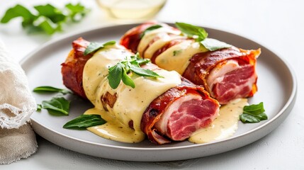 Savory Bacon-Wrapped Chicken Breast with Creamy Sauce and Fresh Basil Garnish