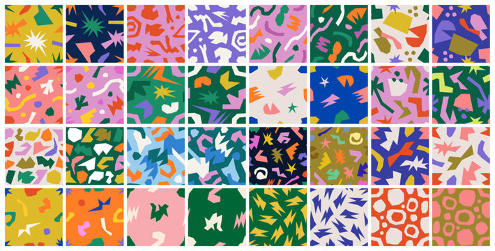 collection of fun doodles and repeating patterns. Abstract and colorful backgrounds for decoration, packaging, cards, posters, covers, banners or branding. Funky seamless vector patterns.