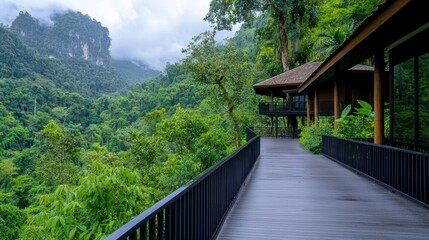 Fototapeta premium Wooden walkway of a luxury eco-resort villa overlooking a lush green tropical valley and misty mountains.