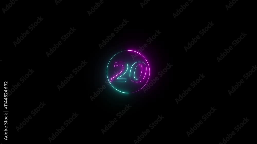 Poster neon 20 text animation on black background. 20 text and neon circle motion.