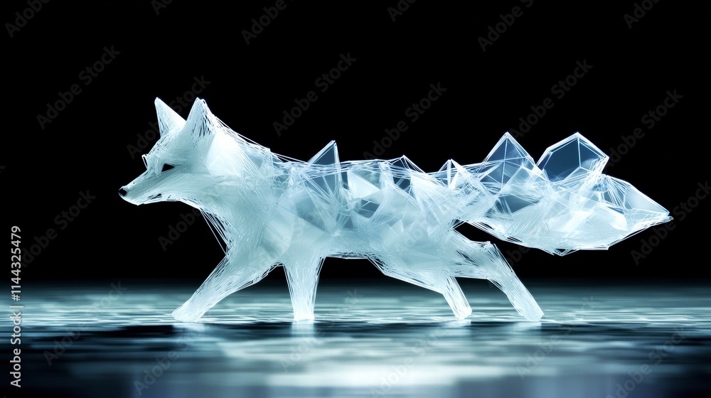 Poster dynamic 3d art of a crystal fox digital studio animation abstract environment side view modern aesth