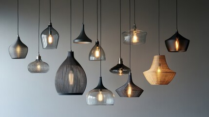 A variety of pendant lamps in contemporary styles, arranged creatively against a neutral gray wall for endless interior design ideas