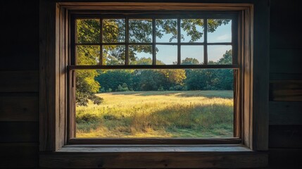 Rustic window view of sunny field.