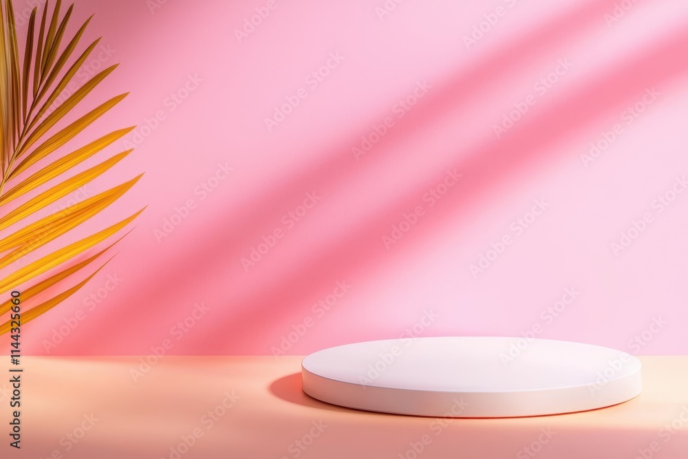 Poster minimalist display space with pastel background and palm leaf shadow