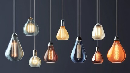 Obraz premium A vector collection of lamp lights for interior decor, showcasing teardrop-shaped glass pendants, retro bulbs, and contemporary LED designs