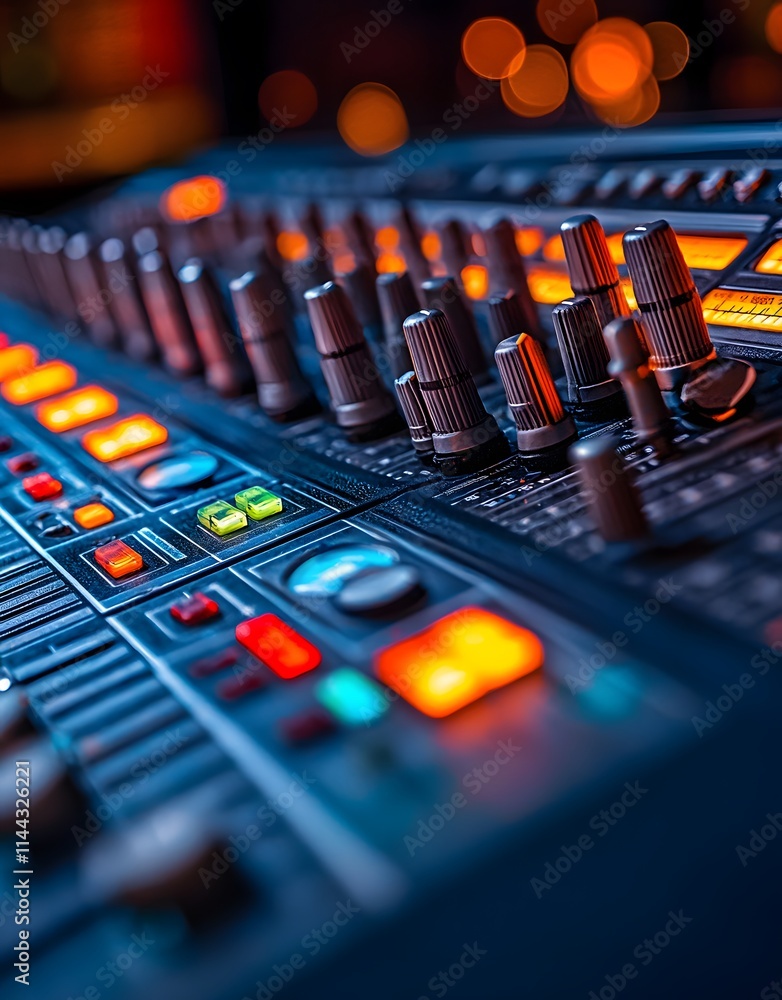 Poster close-up of a sound mixing console with illuminated buttons and knobs.
