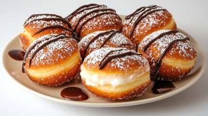 Delicious glazed cream-filled donuts with chocolate drizzle on a white plate