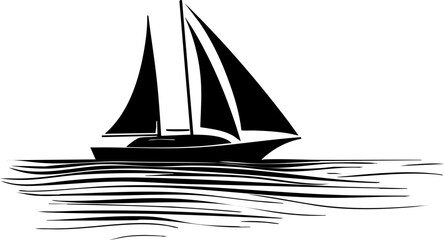A minimalist black and white illustration of a sailboat gliding across calm waters, perfect for nautical themes.