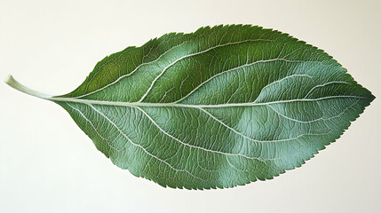 Obraz premium Close-up of a single green apple leaf, showcasing its veins and texture against a white background.