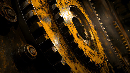 A close-up shot of a rusted gear with a yellowish patina, showcasing the intricate details and textures of industrial machinery