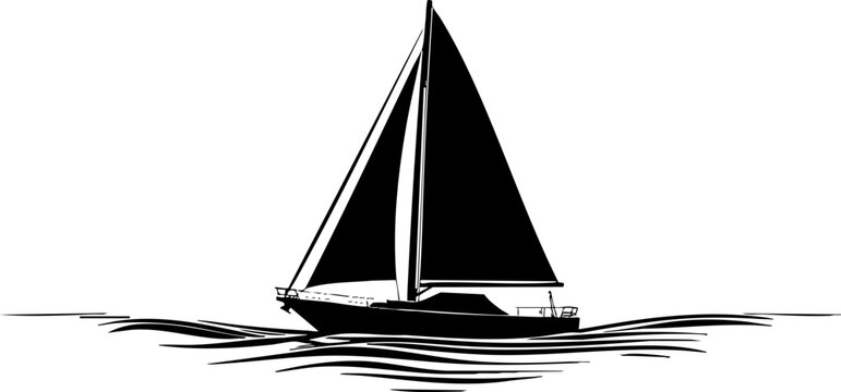 A sleek black and white illustration of a sailboat gracefully navigating through calm waters, representing adventure and exploration.