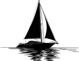Fototapeta premium A sleek black silhouette of a sailboat on calm water, reflecting its image, ideal for nautical-themed designs.