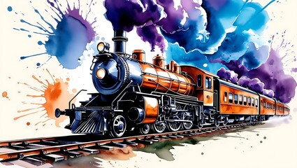 Vivid watercolor illustration of a vintage steam locomotive on railway tracks, with dynamic splashes of blue, purple, and orange hues, evoking motion and classic charm.