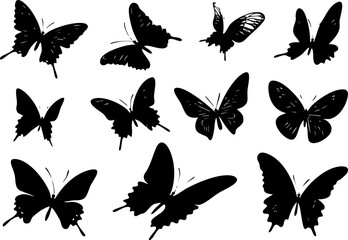 A collection of black butterfly silhouettes, showcasing various species and wing patterns, ideal for decorative and graphic design purposes.