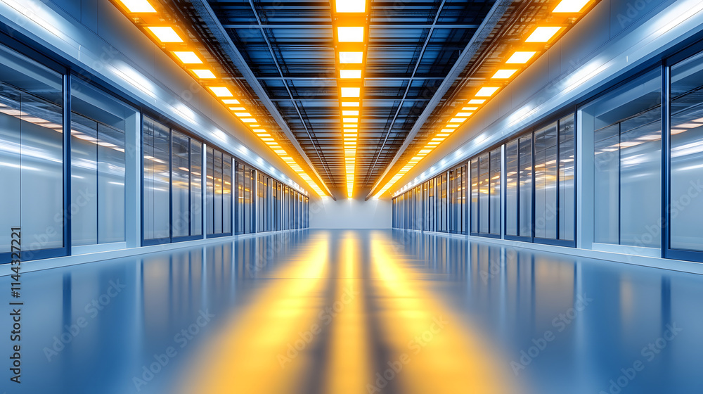 Poster a modern, illuminated corridor with reflective surfaces and bright overhead lights, creating a futur