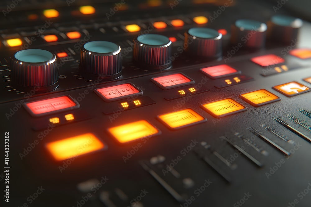 Poster close-up of illuminated audio mixing console with knobs and buttons.