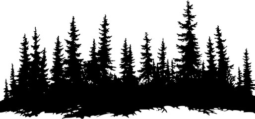 A striking silhouette of a dense forest with various evergreen trees, perfect for nature-themed designs or backgrounds.