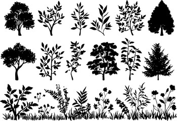 A collection of black silhouettes depicting various trees, leaves, and plants, perfect for nature-themed designs and illustrations.